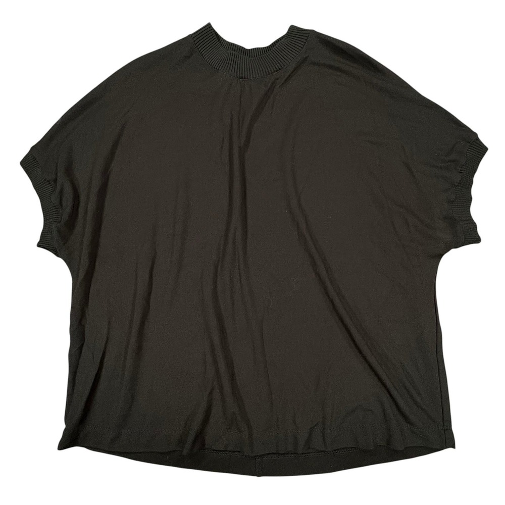 MNG Mango Short Sleeve Top Women L Black Solid Ribbed Trim Oversized Relaxed Fit